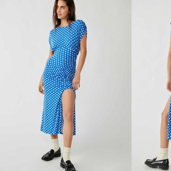 Free People Dresses & Skirts - Free people Lakeside PolkaDot Heart Side Slit Cutout Back Maxi Dress Size M Blue